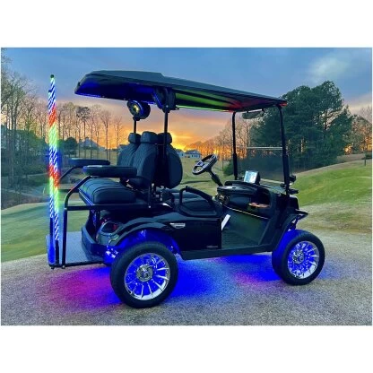 golf cart with wheel lights, whip lights, roof lights, underglow, cup lights and more