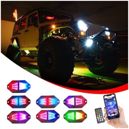 LED Rock Lights with chasing colors and app control shown