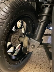 Picture of front wheel and axle on customer cart considering 8" LED wheel kit