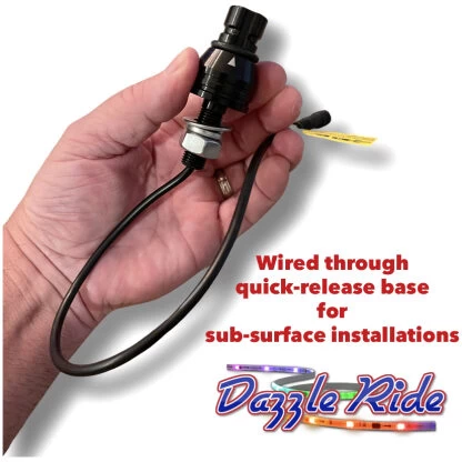 Close-up of LED whip light quick-release base with through wiring for sub-surface wire installations