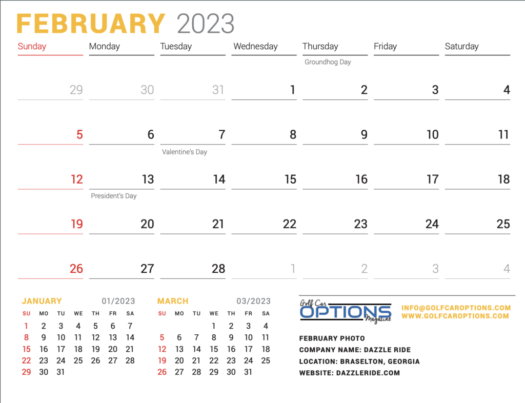 Golf Car Options magazine February 2023 calendar page